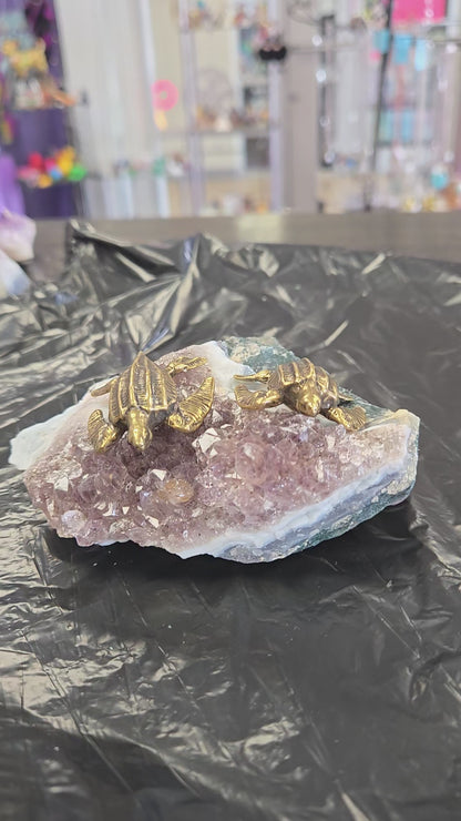 Amethyst Geode Druzy Piece with 2 Brass Sea Turtles