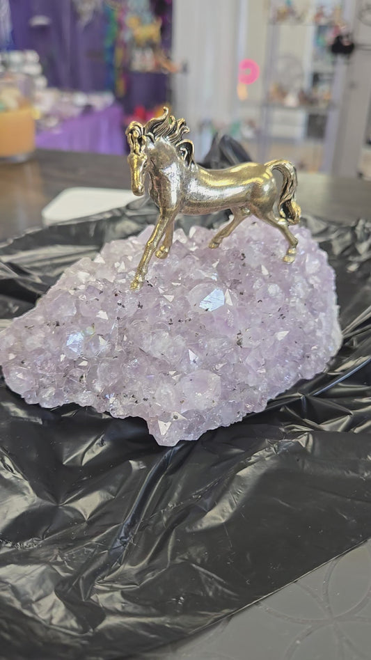 Amethyst Geode Druzy Piece with large Brass horse