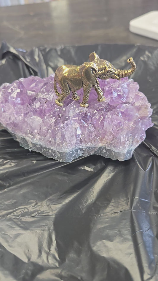 Amethyst Druzy Crystal with Brass Elephant Figurine