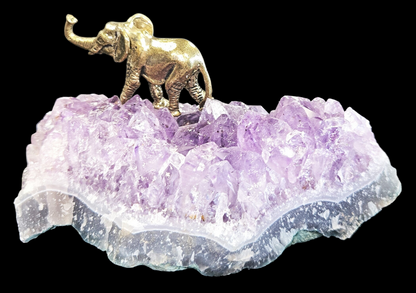 Amethyst Druzy Crystal with Brass Elephant Figurine