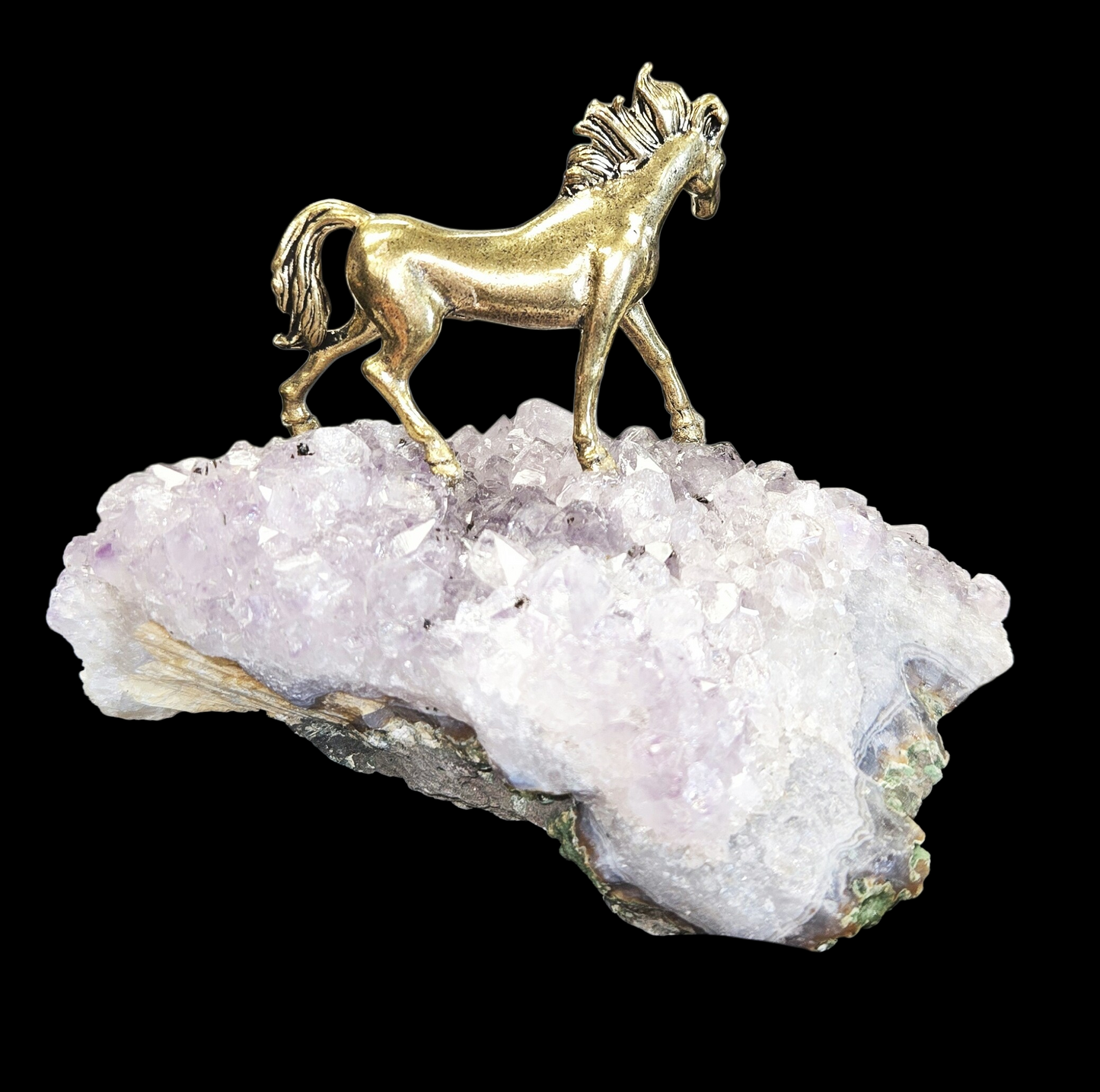 Amethyst Geode Druzy Piece with large Brass horse
